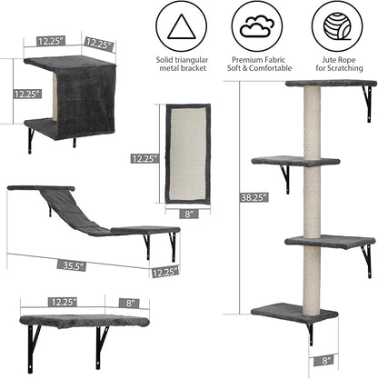 COZIWOW Wall Mounted Cat Furniture, Cat Wall Shelves and Perches, Floating Cat Shelves for Wall Set of 5 (Grey)