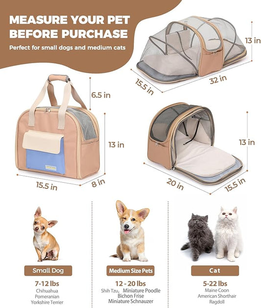 Expandable Cat & Small Dog Carrier Backpack, Soft-Sided Airline-Approved Pet Travel Bag with Dual-Side Expansion, Under-Seat Fit, Breathable Mesh, for Hiking, Vet Visits & Trips (Up to 22 lbs)