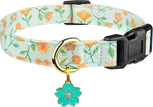 Cotton Handmade Dog Collar Cute and Distinctive Patterns Green Sunflower with Pendant for Girl Boy Dogs Collars S