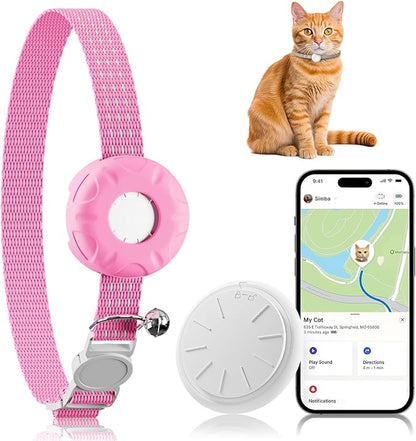 Cat Tracker, GPS Tracker Compatible with Apple Find My App(Only iOS), Waterproof Cat Tracker Collar with Bell and Safety Elastic Buckle, No Monthly Fee, Pet Trackers for Vehicles, Pets, Kids (Pink)