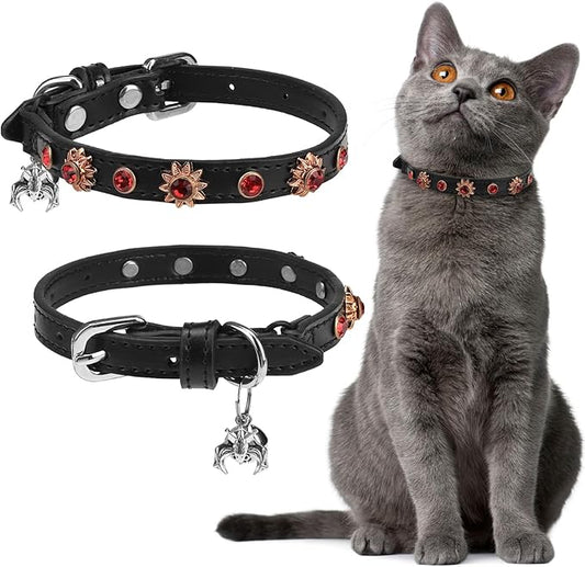 EXPAWLORER Cat Collar for Girl Boy- Adjustable Leather Pet Collar with Safety Elastic Belt,Personalized Punk Accessories Buckle Collars with Bell & Durable D-Ring,Red Diamond Sunflower