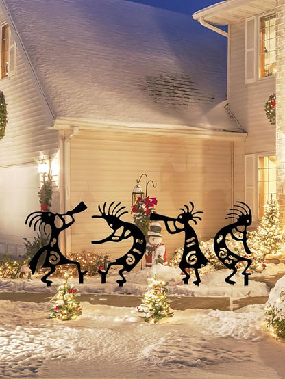 4 Piece Kokopelli Metal Garden Stakes - Native American-Inspired Southwestern Yard Art, Rustic Outdoor Decor for Lawn, Patio, Garden Pathway; Fade-Resistant Ornaments for Thanksgiving Day