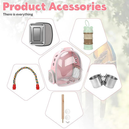 Rypet Bird Carrier Backpack Parrot Portable Breathable Bag Pet Bird Lightweight Travel Cage with Standing Perch and Stainless Steel Tray（Pink）