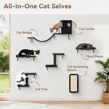 6-in-1 Cat Wall Shelves, Wall-Mounted Cat Furniture for Indoor Kittens, Modern Floating Shelves with Scratching Posts, Bed, Perch, Bridge, Condo, Steps and Scratcher, Space-Saving Gym, Black