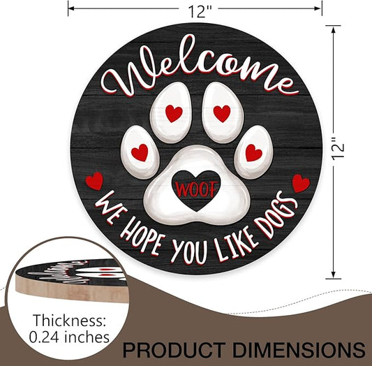Deroro Welcome We Hope You Like Dogs Front Door Sign, Dog Cat Paw Print Black Farm Wood Door Hanger Outdoor Porch Decor, Woof Farmhouse Wooden Wreath Indoor Wall Hanging Decoration Dog Lover Gifts