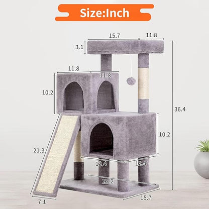 Cat Tree Tower, 36.4" Small Cat Tower for Indoor Cats with Cat Scratching Post with Bed, Cat Condo, Hang Ball, Multi-Level Cat Climbing Tower Cat Trees Cat Furniture Activity Center, Ashy