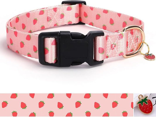 Pink Strawberry Pattern Dog Collar with Buckle Adjustable Safety Nylon Collars for Small Medium Large Dogs, Cute Stylish Girl Boy Christmas Dog Collar(Pink Strawberry,S)
