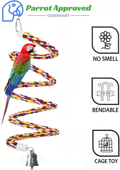 2Pcs 63'' Bird Rope Perches Birdcage Swing Toys 100% Cotton Natural Bird Perch Peck/Chewing with Bell Climbing Standing Bungee Parrot Toys for Small to Regular Size Parrot Cockatiel Birds