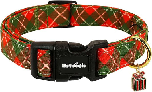 Small Christmas Dog Collar, Adjustable Dog Christmas Collars, Red Green Plaid Puppy Collar, Cute Dog Collars Holiday Collar for Girl Boy Dogs-S