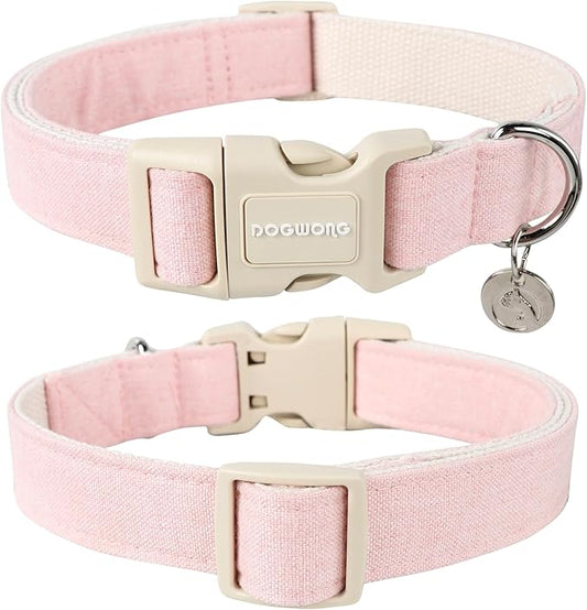DOGWONG Cotton Hemp Pink Dog Collar Adjustable Soft Natural Fabric Pet Collar Cute Wedding Puppy Necklace for Small Medium Large Dogs