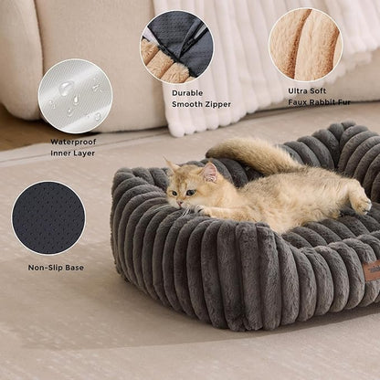 Small Dog Beds for Small Dogs - Washable Cat Beds for Indoor Cats, Rectangle Orthopedic Puppy Bed with Fluffy Removable Cover, 20x19x7inches, Cream