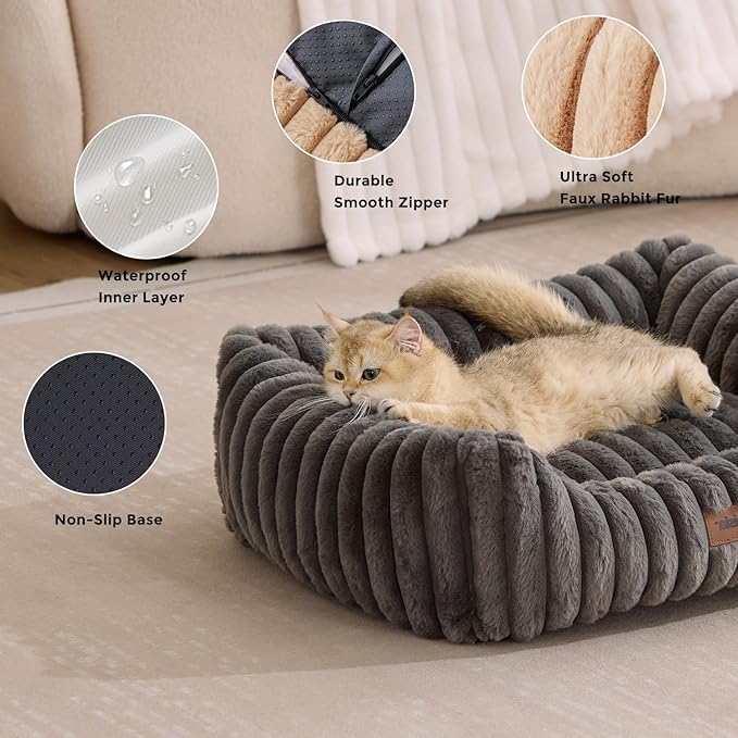 Small Dog Beds for Small Dogs - Washable Cat Beds for Indoor Cats, Rectangle Orthopedic Puppy Bed with Fluffy Removable Cover, 20x19x7inches, Beige