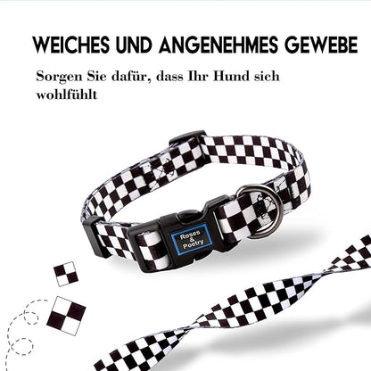 Roses&Poetry Dog Collar with Colourful Patterns, Adjustable Durable Puppy Collars for Small Medium Large Dogs (Black & White-L)