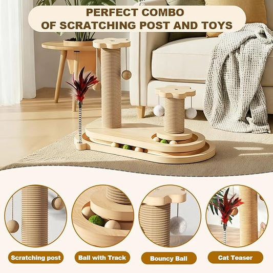 Cat Scratching Post, Sisal Cat Scratcher Post - 4-in-1 Cat Solid Wood Activity Center | Indoor Interactive Cat Toy with Trackball (Rolling), Feather Teaser, Hanging Balls & Natural Catnip Ball