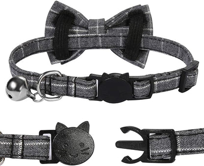 SLSON 2 Pack Breakaway Cat Collar with Bell and Bow Tie Plaid Kitten Collar for Cats and Small Dogs Pets Adjustable from 8-11In, Black and Grey