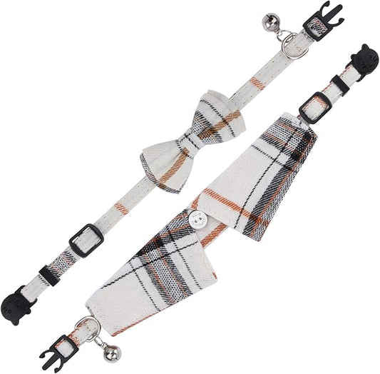 Faleela 2 Pack/Set Cat Collar with Cute Bow Tie and Bell,Breakaway Plaid Shirt Collar for Kitty Adjustable Safety