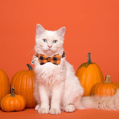 ADOGGYGO Halloween Cat Collars Breakaway with Removable Bowtie Bell, 2 Pack Orange Purple Plaid Halloween Bow Collar for Cats Kittens