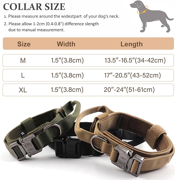Tactical Dog Collar, Adjustable Military Training Nylon Dog Collar with Control Handle and Heavy Quick-Release Metal Buckle for Small Medium Large Dogs, Green L