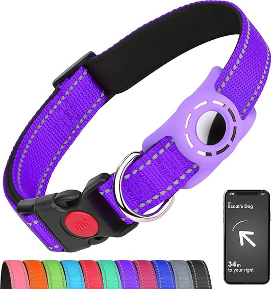 Airtag Dog Collar with AirTag Holder for Large Dogs, Reflective, Soft Padded & Safety Locking Buckle, Nylon Pet Collars Adjustable for All Breeds, Purple,XL