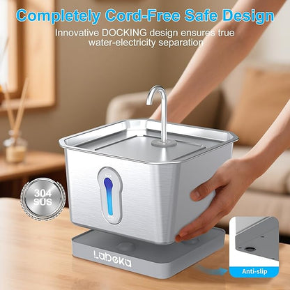 Stainless Steel Cat Water Fountain 135oz/4L:Battery Operated Wireless Cat Fountains for Drinking Indoor, Automatic Pet Water Dispenser with Ultra Quiet Pump,Multi-Filtration(2Filters)
