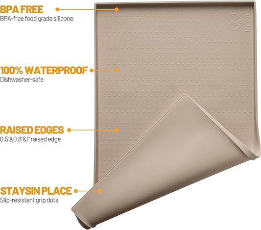 Hubulk Dog Feeding Mat,100% Waterproof Food Grade Silicone Pet Food and Water Bowl Placemat,Dishwasher, High Raised Edge to Prevent Spills,Nonslip Tray to Stop Messes on Floor（19"x12"x0.5", Taupe）