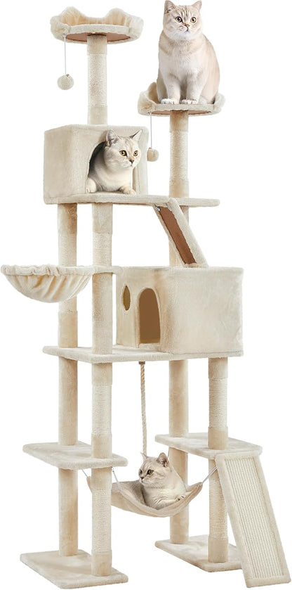 Yaheetech Cat Tree, 82.5in Large Tower w/Hammock, 2 Kitty-Ear Perches, 2 Cozy Condos, Scratching Posts, Basket, Furniture for Large Cats, Kittens, Beige