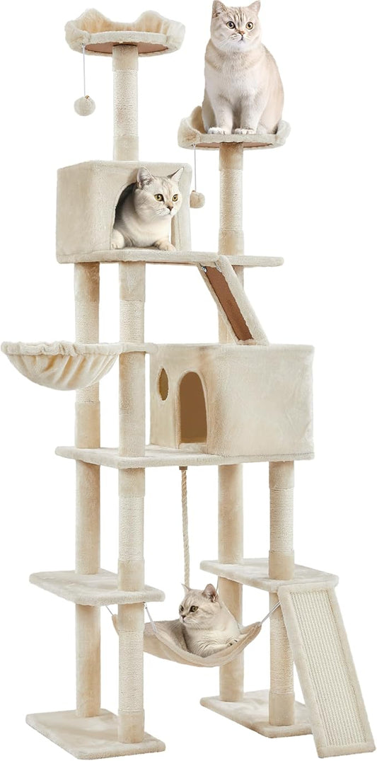 Yaheetech Cat Tree, 82.5in Large Tower w/Hammock, 2 Kitty-Ear Perches, 2 Cozy Condos, Scratching Posts, Basket, Furniture for Large Cats, Kittens, Beige
