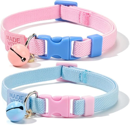 Elastic Cat Collar 2 Pack of Safety Quick Release Cat Collars with Bell Anti-Suffocation Kitten Puppy Collars(Pink+Blue)