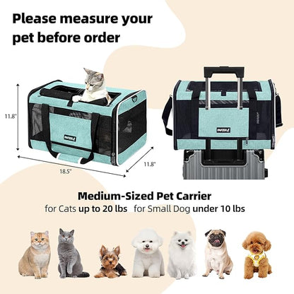 Cat Carrier Soft-Sided Travel Bag for Medium to Large Cats Over 15lbs, Small Dog Carrier Crate Top Entry Breathable Mesh Puppy 12 Pounds, Pet Rabbit Carrying Cage Kennel Collapsible Teal