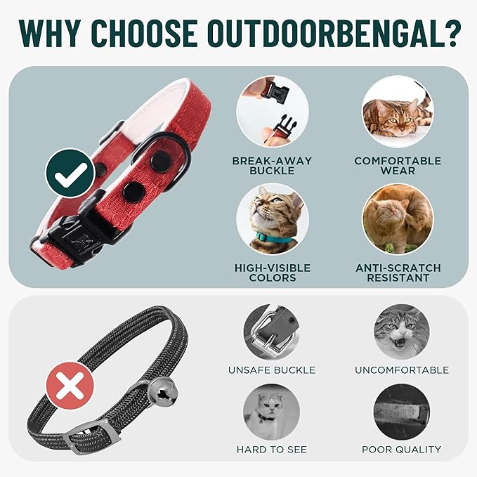 OutdoorBengal Red Breakaway Kitten Collar - Ultra Safe Quick Release Cat Collar for Small Kittens Under 6 Months – Soft-Padded, Lightweight, Adjustable, Thin and Comfortable, No Bell (Red, Kitten)
