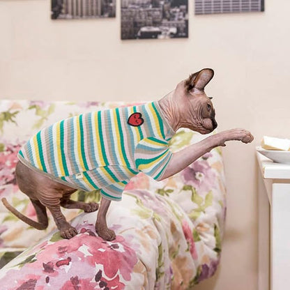 DENTRUN Hairless Cats Shirt Breathable Cat Daily Wear Clothes Stripe Vest Adorable Pajamas Jumpsuit Soft & Skin-Friendly