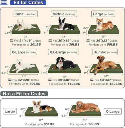 Outdoor Extra Large Dog Crate Bed, XXL Waterproof Dog Bed for Giant Breeds Dogs, 47x29 Inch Orthopedic Egg Crate Foam Pet Mat with Removable Cooling Cover, Amy Green