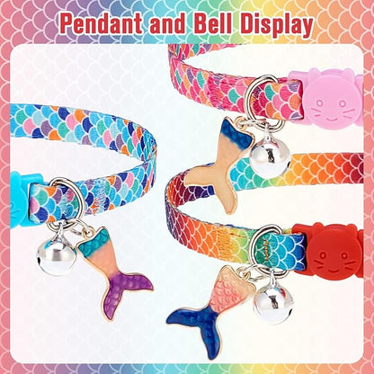 PUPTECK Cat Collars Breakaway with Bell - Summer Fish Scale Pattern Pet Collar 3 Pack for Kittens Puppies and Small Pets