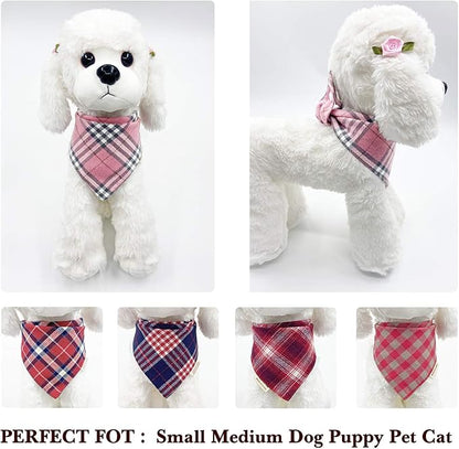 Savier 5PCS Dog Bandanas with Button - Fall Thick Triangle Bibs Dual Layer Soft Cotton Scarves for Small Medium Girl Puppy Cat Pet Baby Square Plaid Printing Washable Kerchief Halloween Outfits Pink