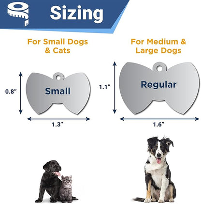 GoTags Stainless Steel Pet ID Tags, Personalized Dog Tags and Cat Tags, up to 8 Lines of Custom Text, Engraved on Both Sides, in Bone, Round, Heart, Bowtie and More (Bow Tie, Regular (Pack of 1))