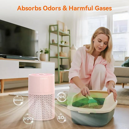 AIRROMI Pets Air Purifier for Home Allergies,Up to 660 ft². HEPA Deodorizing Activated Carbon Filter,With Fragrance Sponge for Better Sleep,Night Light,Pet Dander,Smoke,Odors,Air Cleaner A2002 Pink