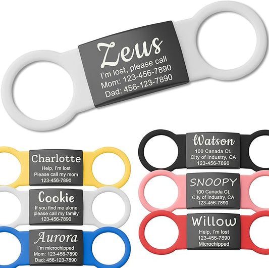 Anavia Slide On Silent Pet ID Tags, S/M/L/XL Personalized Black Stainless Steel Colored Silicone Cat Dog Name Tag, Customized Engraved Nameplate, Quiet Chew-Proof Pet Collar Tag (White, Medium)