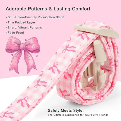 Girl Dog Collar for Small Dogs - Cute Pink Plaid & Bow Print Spring/Summer Puppy Collar, Soft Adjustable Holiday Female Dog Collars with Quick Release Buckle S