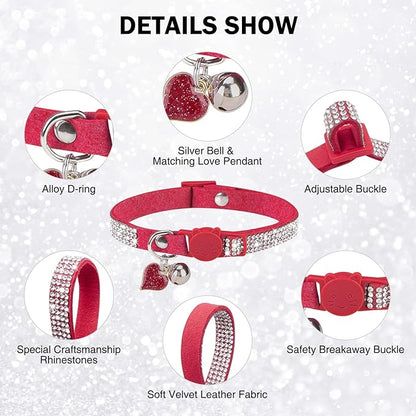 Rhinestone Cat Collar Breakaway with Bell, Diamond Cat Collar with Safety Buckle Quick Release for Girl Boy Small Kitten Pets Puppy,Cute Soft Female Male Cat Collars, Color Red 7-9"