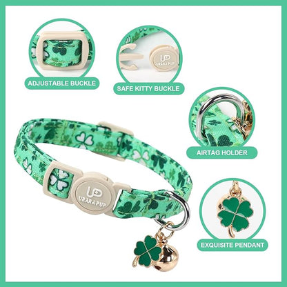 2Pack St. Patrick's Day Cat Collars, Spring Green Shamrock Cat Collars with Safety Buckle for Cats