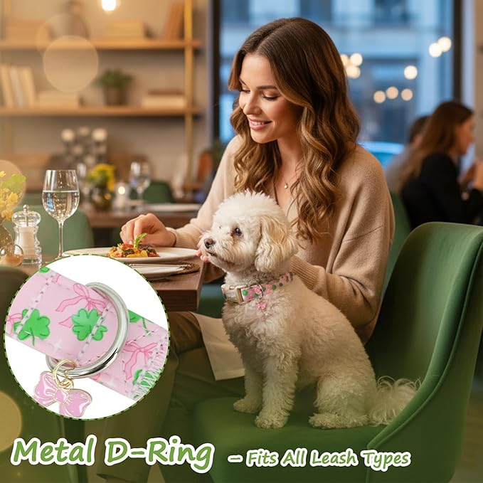 St. Patrick's Day Dog Collar,Pink Bow with Green Clover Puppy Collar,Adjustable Spring Cotton Collars Gifts for Small Medium Large Dogs,Dog Accessories L