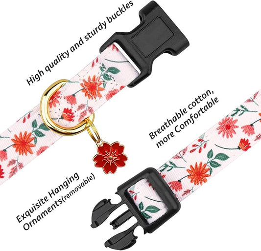 Cotton Handmade Dog Collar Cute and Distinctive Patterns Red and White Flower with Pendant for Girl Boy Dogs Collars M