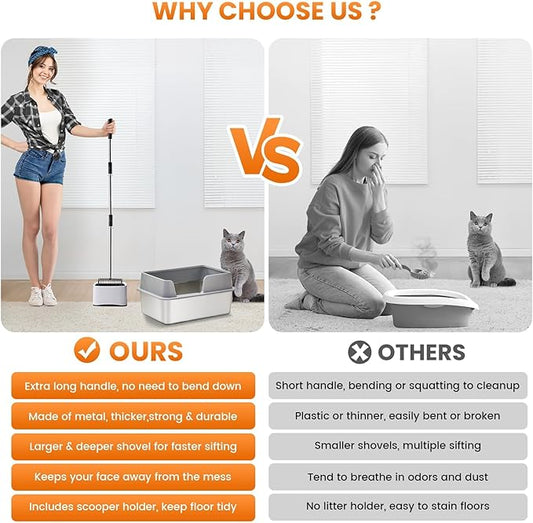 Metal Cat Litter Scoop with Holder, 43" Extendable Long Handle Cat Scooper for Litter Box, Solid & Durable, Deep Shovel for Fast Sifting, Large Pet Pooper Scooper for Kitty/Outside Dog Poop