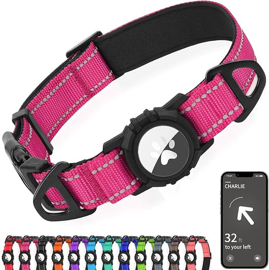 Joytale Airtag Dog Collar, Reflective Pet Collar with Waterproof AirTag Holder, Dual D-Rings, Soft Padded Adjustable for Extra Large Dogs, Hotpink, XL
