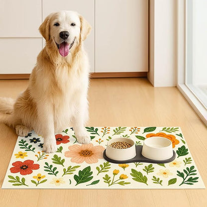 Trendy Flower Pattern Pet Feeding Mat Spill-Proof Feood Pad for Food and Water Bowls Non-Slip Placemat for Pet Areas Easy Clean Fast Dry Mat for Cats Kittens & Small Dogs 20" x 12"