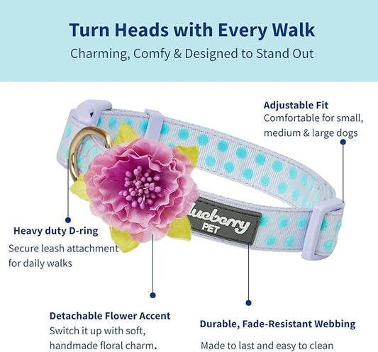 Blueberry Pet Adjustable Flocking Dog Collar with Artificial Silk Flower - Polka Dot in Pastel Purple, Large, Neck 18"-26"