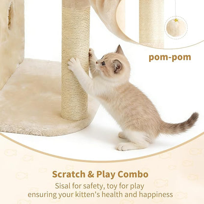 Heybly Cat Tree, 25.6-inch Cat Tower with Spacious Top Perch for Large Cats, Stair-Style Cat House Furniture with Dual-Layer Condos, Sisal Scratching Posts, Cozy Basket & Pompom, Beige HCT204SM