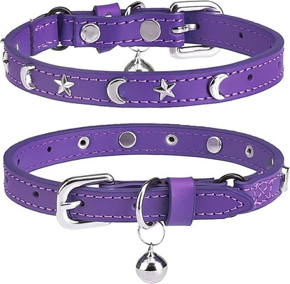 Leather Cat Collars for Boy Girl Cats with Bell and Safety Elastic Belt, Personalized Star and Moon Stud Adjustable Safe Buckle Collar for Kitty Small Big Cats Size 8-12 Inch, Purple