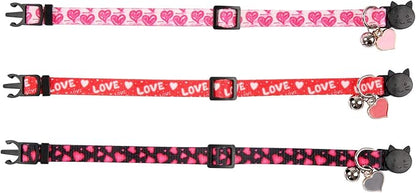 3 Pack Valentine's Day Cat Collar with Bell Breakaway Adjustable Love Heart