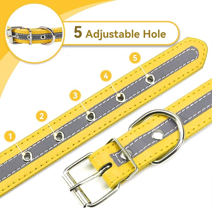 PETCARE Reflective Dog Collar with Cute Paw Rivet Studded Funny Soft PU Leather Adjustable Puppy Dog Collars for Small Medium Large Dogs Cats (Yellow,XX-Large)